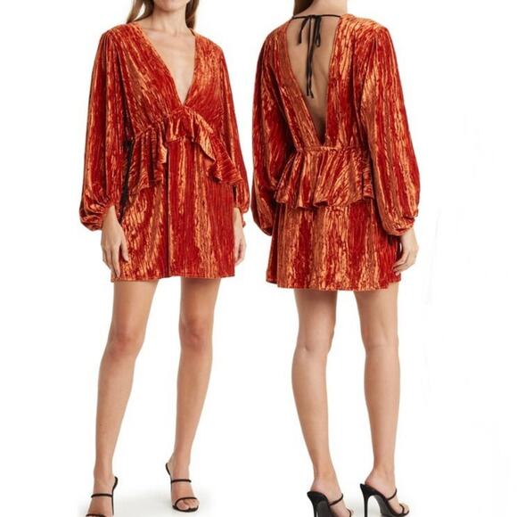TOPSHOP Womens 6 Balloon Sleeve Velvet Minidress in Orange NEW Fits like 2-4 - Picture 2 of 15